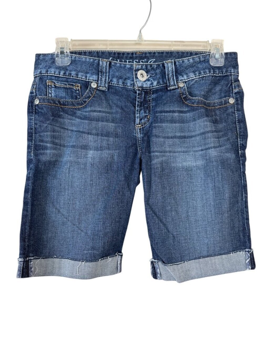 Guess Jean Shorts Bermuda Medium Wash Cuffed Blue Women's Size 31 Stretch